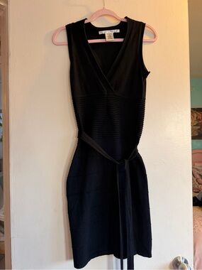 Max Studio Black Sleeveless Wrap-Style Midi Knit Dress with Waist Tie